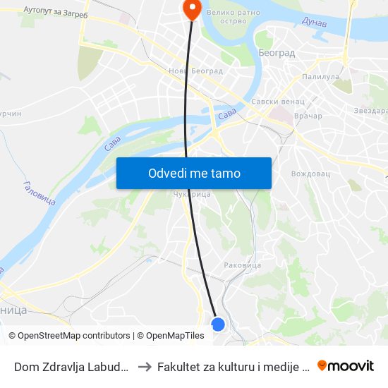 Dom Zdravlja Labudovo Brdo to Fakultet za kulturu i medije Megatrend map