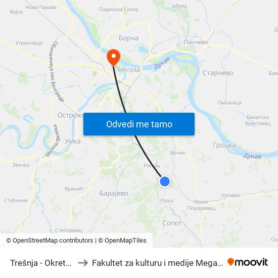 Trešnja - Okretnica to Fakultet za kulturu i medije Megatrend map