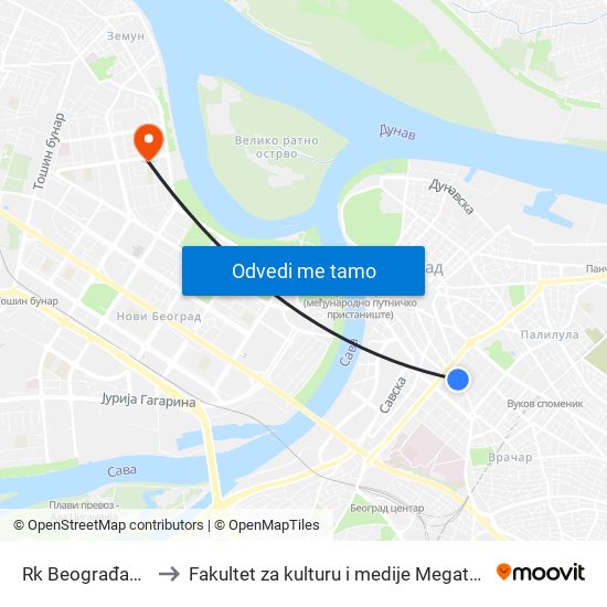 Rk Beograđanka to Fakultet za kulturu i medije Megatrend map