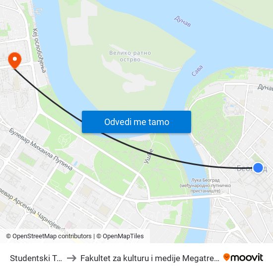 Studentski Trg to Fakultet za kulturu i medije Megatrend map