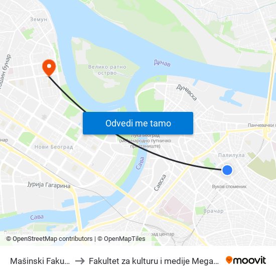 Mašinski Fakultet to Fakultet za kulturu i medije Megatrend map