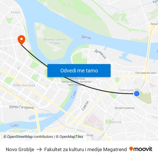 Novo Groblje to Fakultet za kulturu i medije Megatrend map