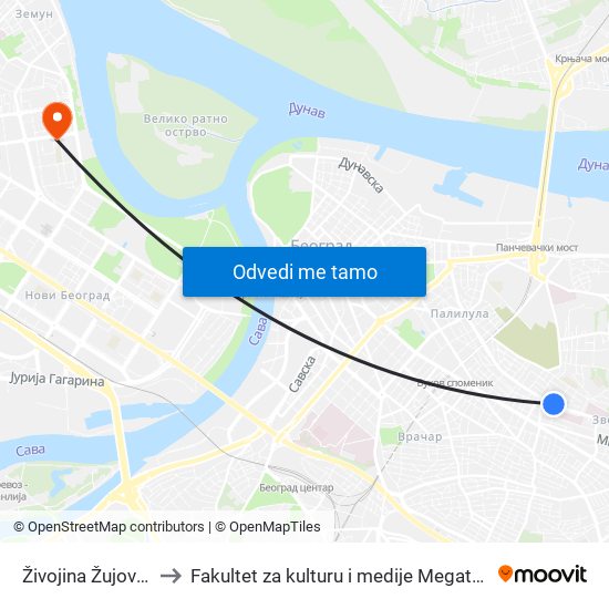 Živojina Žujovića to Fakultet za kulturu i medije Megatrend map