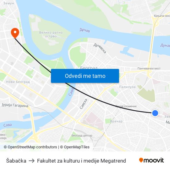 Šabačka to Fakultet za kulturu i medije Megatrend map