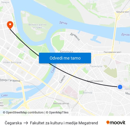 Čegarska to Fakultet za kulturu i medije Megatrend map