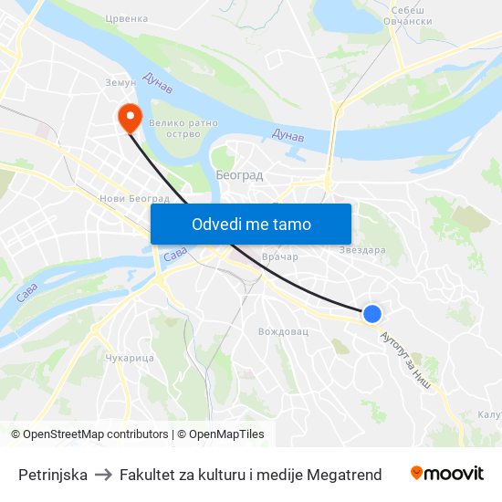 Petrinjska to Fakultet za kulturu i medije Megatrend map