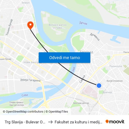 Trg Slavija - Bulevar Oslobođenja to Fakultet za kulturu i medije Megatrend map