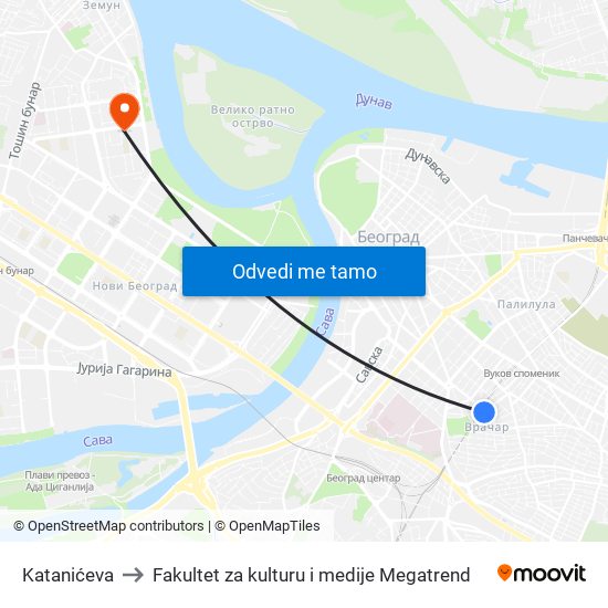 Katanićeva to Fakultet za kulturu i medije Megatrend map