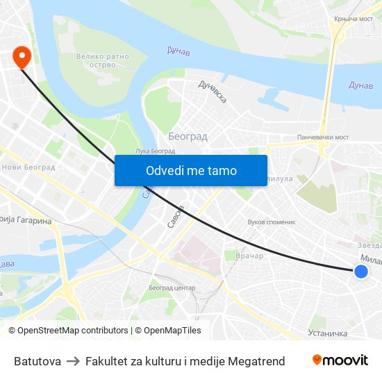 Batutova to Fakultet za kulturu i medije Megatrend map