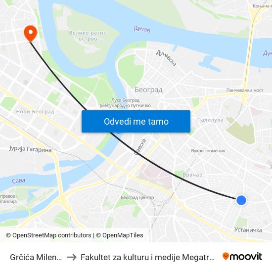 Grčića Milenka to Fakultet za kulturu i medije Megatrend map