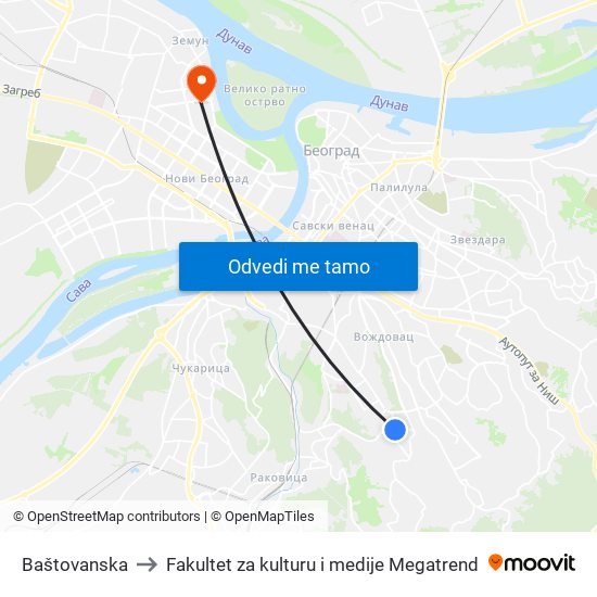 Baštovanska to Fakultet za kulturu i medije Megatrend map