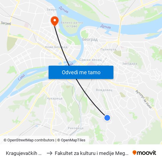 Kragujevačkih Đaka to Fakultet za kulturu i medije Megatrend map