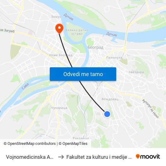 Vojnomedicinska Akademija to Fakultet za kulturu i medije Megatrend map