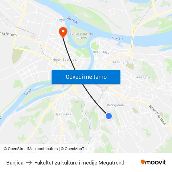 Banjica to Fakultet za kulturu i medije Megatrend map