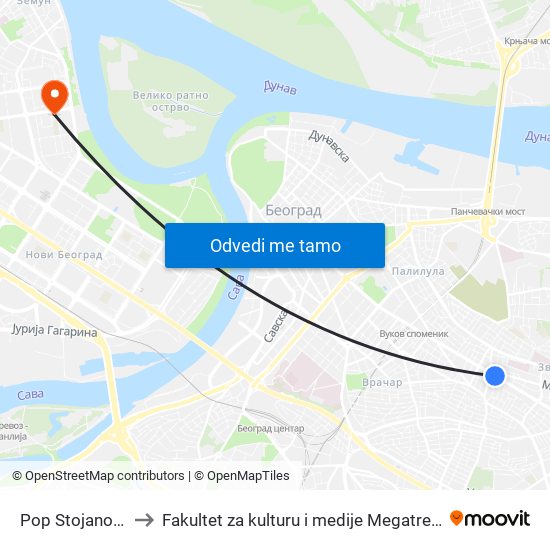 Pop Stojanova to Fakultet za kulturu i medije Megatrend map