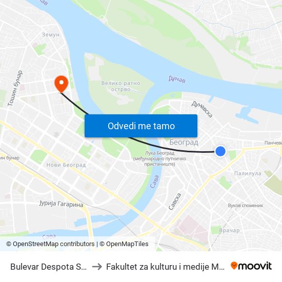 Bulevar Despota Stefana to Fakultet za kulturu i medije Megatrend map