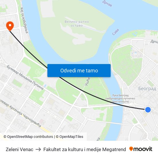 Zeleni Venac to Fakultet za kulturu i medije Megatrend map