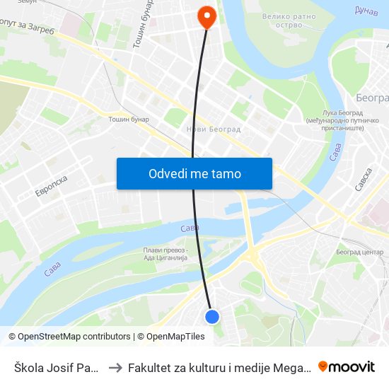 Škola Josif Pančić to Fakultet za kulturu i medije Megatrend map