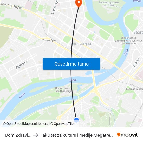 Dom Zdravlja to Fakultet za kulturu i medije Megatrend map