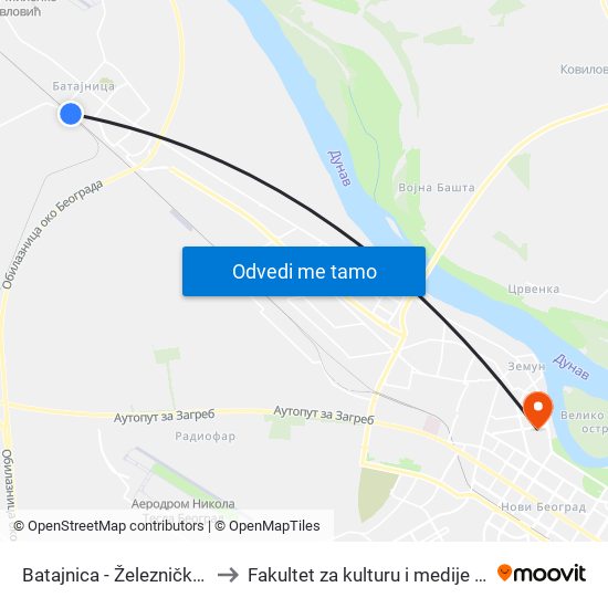 Batajnica - Železnička Stanica to Fakultet za kulturu i medije Megatrend map