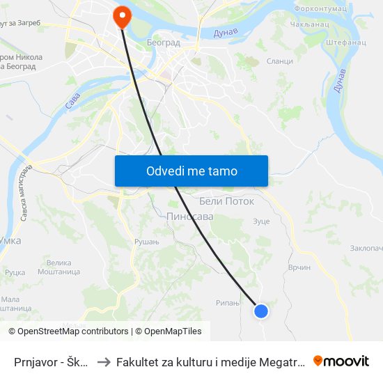 Prnjavor - Škola to Fakultet za kulturu i medije Megatrend map