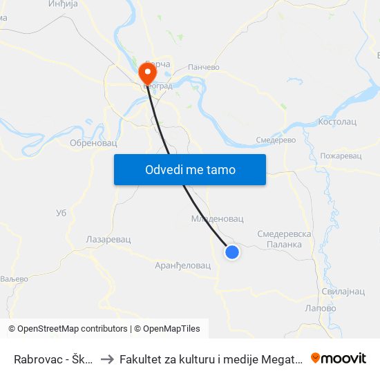 Rabrovac - Škola to Fakultet za kulturu i medije Megatrend map