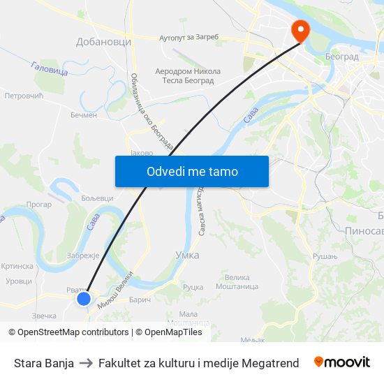 Stara Banja to Fakultet za kulturu i medije Megatrend map