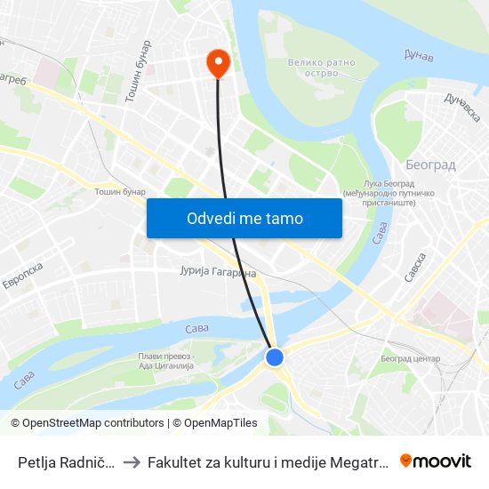 Petlja Radnička to Fakultet za kulturu i medije Megatrend map
