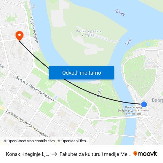 Konak Kneginje Ljubice to Fakultet za kulturu i medije Megatrend map