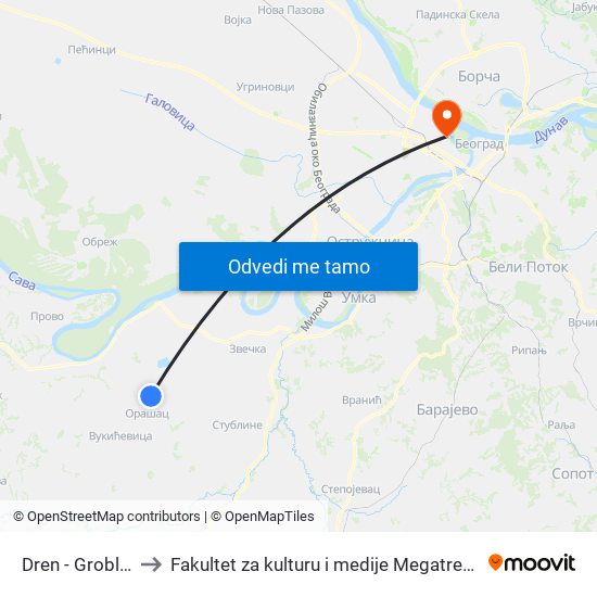 Dren - Groblje to Fakultet za kulturu i medije Megatrend map