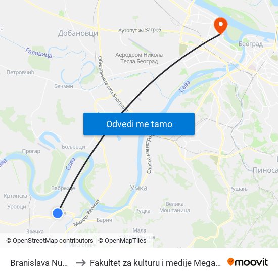Branislava Nušića to Fakultet za kulturu i medije Megatrend map