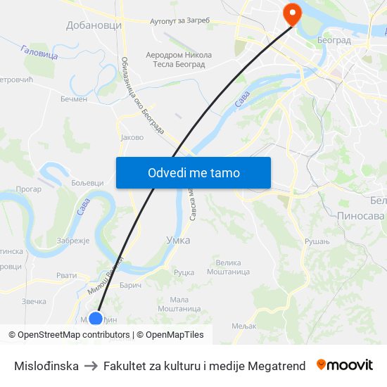 Mislođinska to Fakultet za kulturu i medije Megatrend map