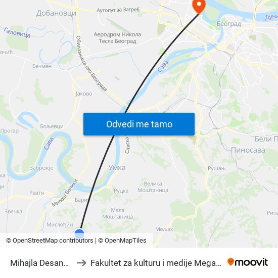 Mihajla Desančića to Fakultet za kulturu i medije Megatrend map