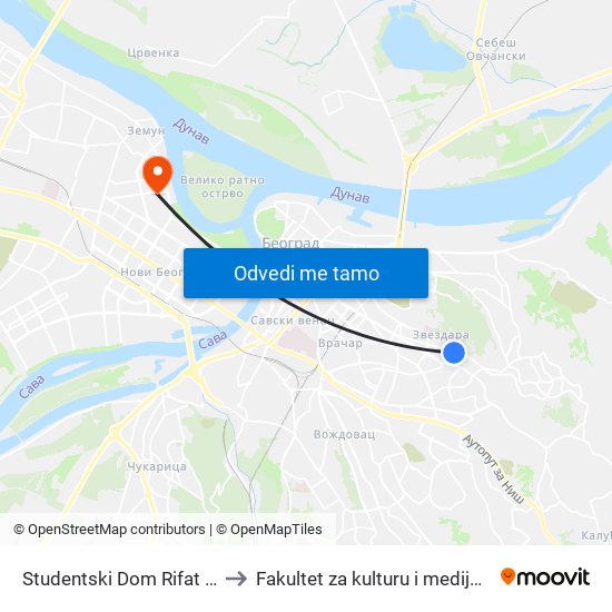 Studentski Dom Rifat Burdžević to Fakultet za kulturu i medije Megatrend map