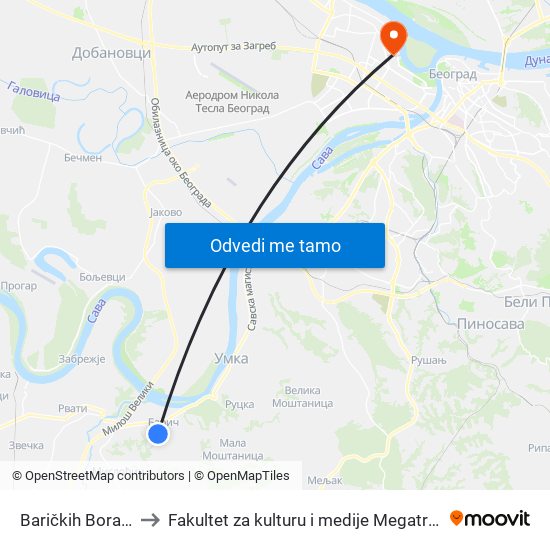 Baričkih Boraca to Fakultet za kulturu i medije Megatrend map