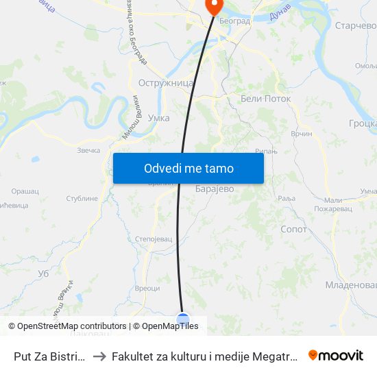 Put Za Bistricu to Fakultet za kulturu i medije Megatrend map