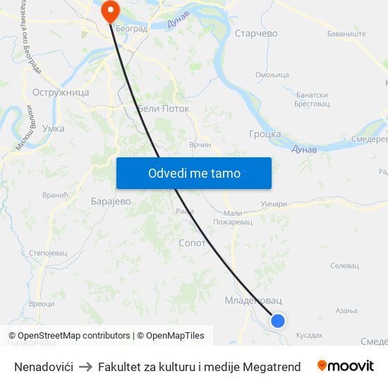 Nenadovići to Fakultet za kulturu i medije Megatrend map