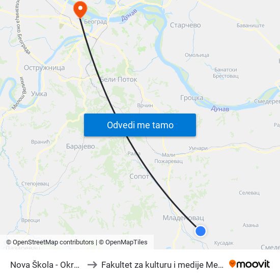 Nova Škola - Okretnica to Fakultet za kulturu i medije Megatrend map