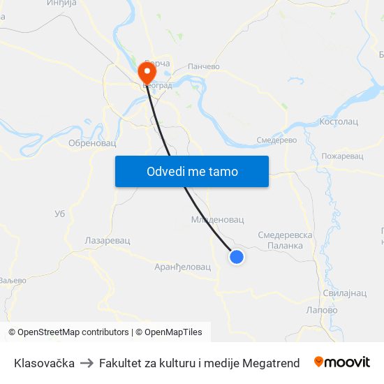 Klasovačka to Fakultet za kulturu i medije Megatrend map