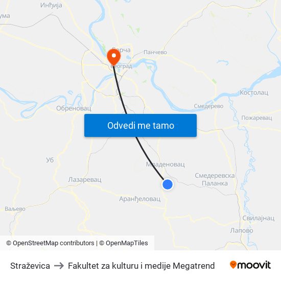 Straževica to Fakultet za kulturu i medije Megatrend map