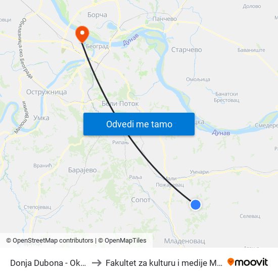 Donja Dubona - Okretnica to Fakultet za kulturu i medije Megatrend map