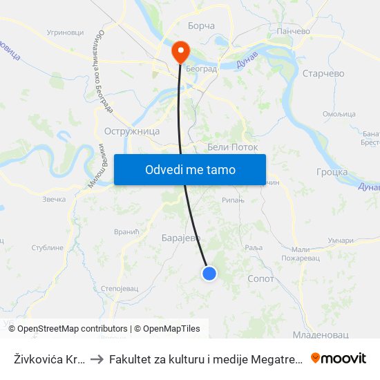 Živkovića Kraj to Fakultet za kulturu i medije Megatrend map