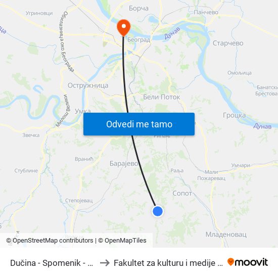 Dučina - Spomenik - Okretnica to Fakultet za kulturu i medije Megatrend map