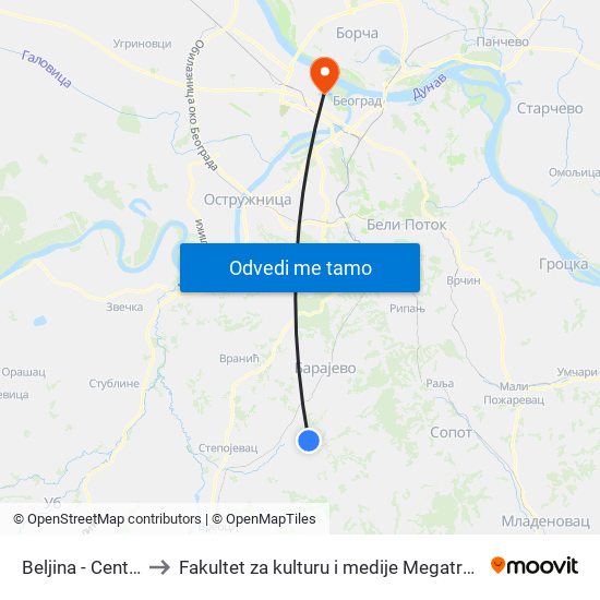 Beljina - Centar to Fakultet za kulturu i medije Megatrend map