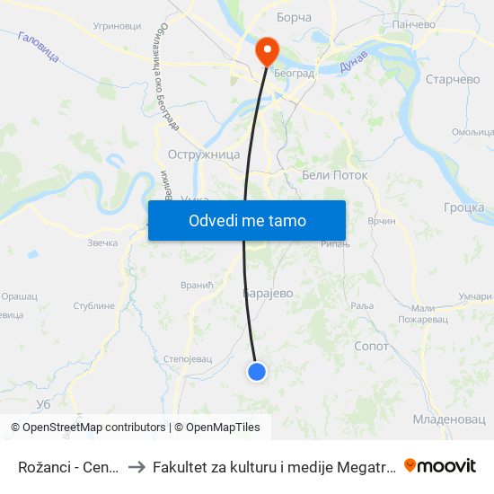 Rožanci - Centar to Fakultet za kulturu i medije Megatrend map