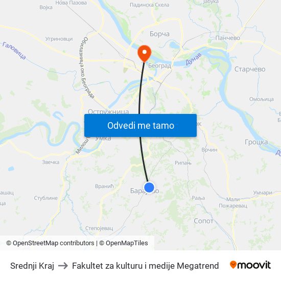 Srednji Kraj to Fakultet za kulturu i medije Megatrend map