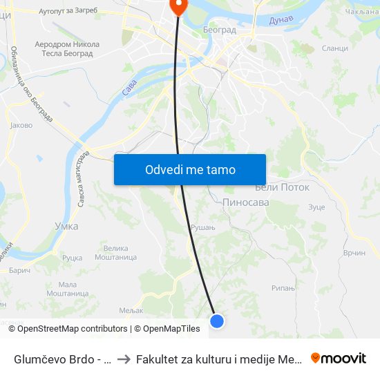 Glumčevo Brdo - Dom to Fakultet za kulturu i medije Megatrend map