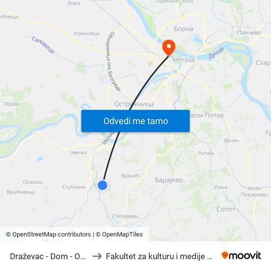Draževac - Dom - Okretnica to Fakultet za kulturu i medije Megatrend map