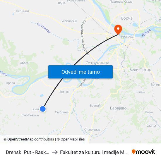 Drenski Put - Raskrsnica to Fakultet za kulturu i medije Megatrend map