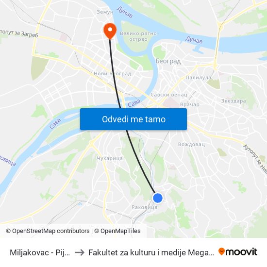 Miljakovac - Pijaca to Fakultet za kulturu i medije Megatrend map